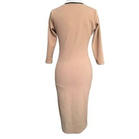 Love Chesley Black & Tan Colorblock Bodycon Dress 3/4 Sleeve Medium Midi Texture - Picture 7 of 9